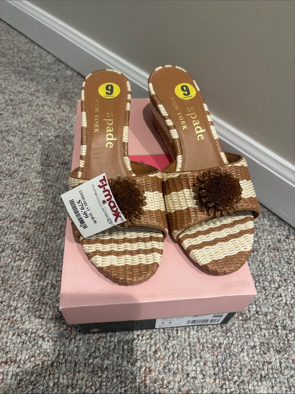 kate spade Super Cute Brown and Cream Striped Woven Slide Mules with Pom